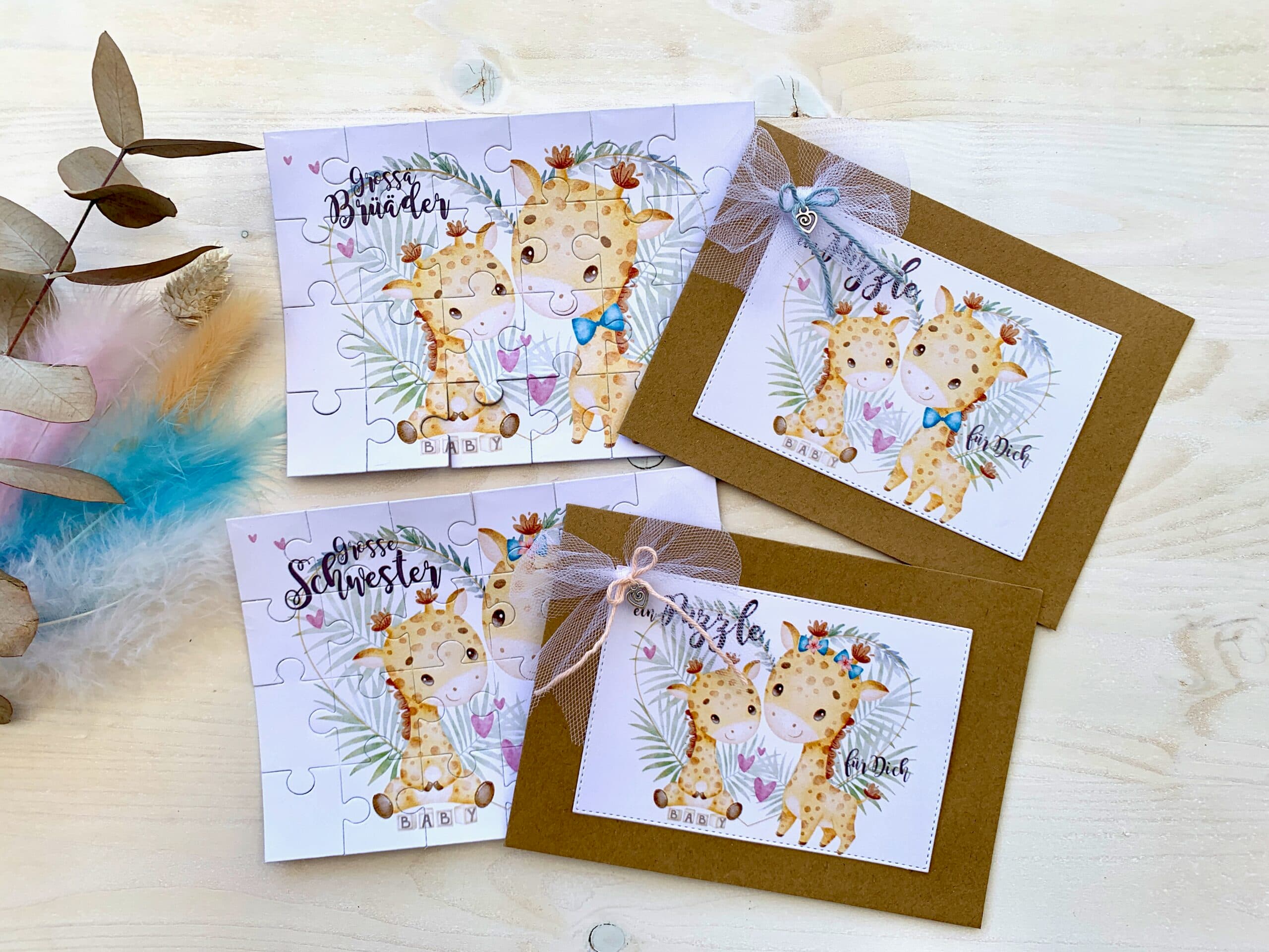 Du wirst grosse Schwester / grosser Bruder PuzzleKarte mit GIRAFFE von MANNIGFALTIG - Handgemacht in der Schweiz