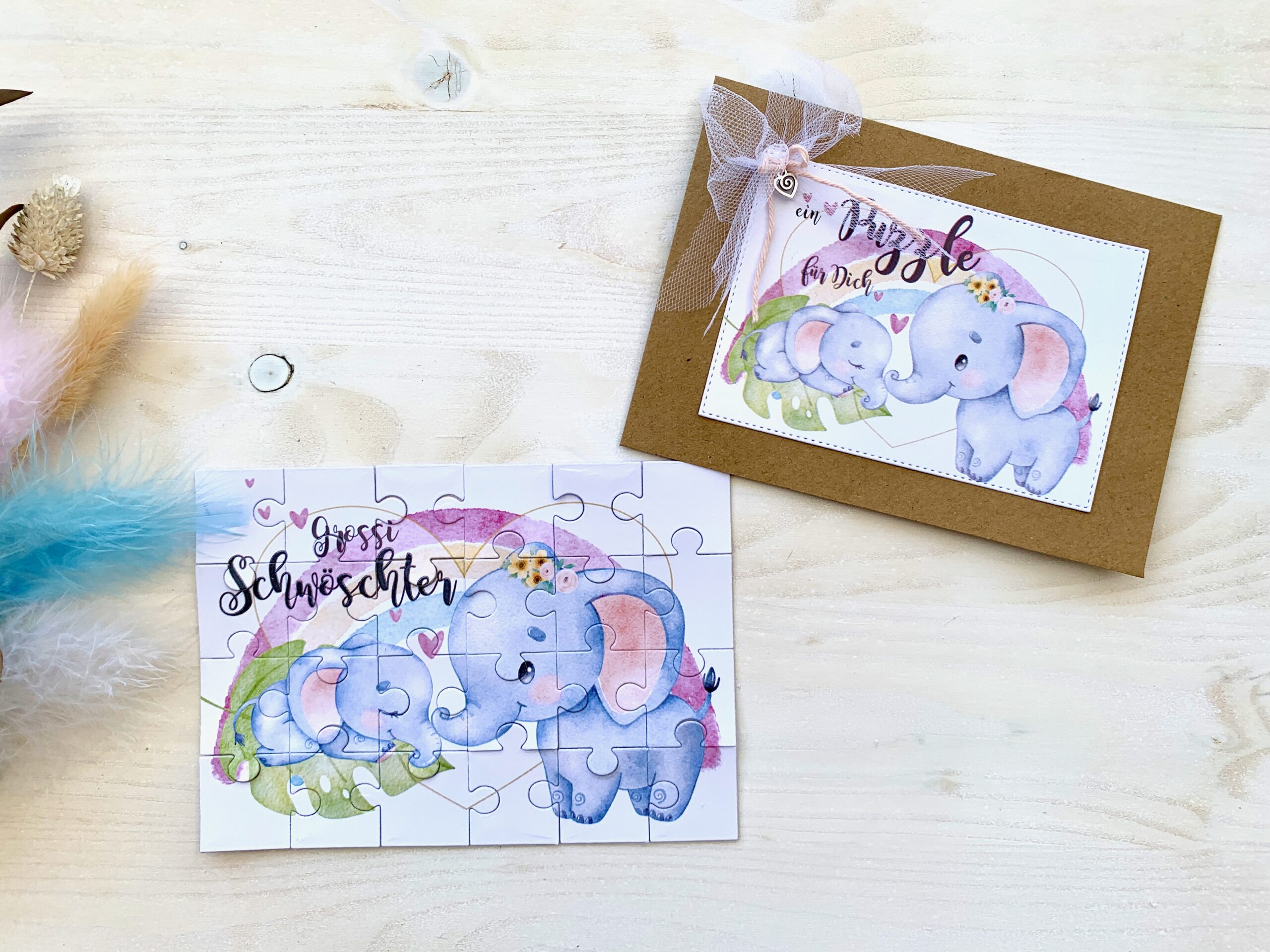 Du wirst grosse Schwester / grosser Bruder PuzzleKarte mit ELEFANT von MANNIGFALTIG - Handgemacht in der Schweiz