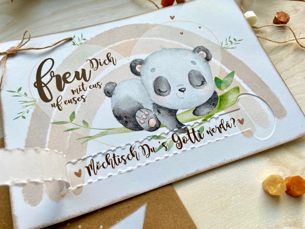 Gotti Götti Frage Karte mit personalisiertem Umschlag, Panda BABY, im Boho-Stil, Schwangerschaft verkünden von MANNIGFALTIG - Handgemacht in der Schweiz