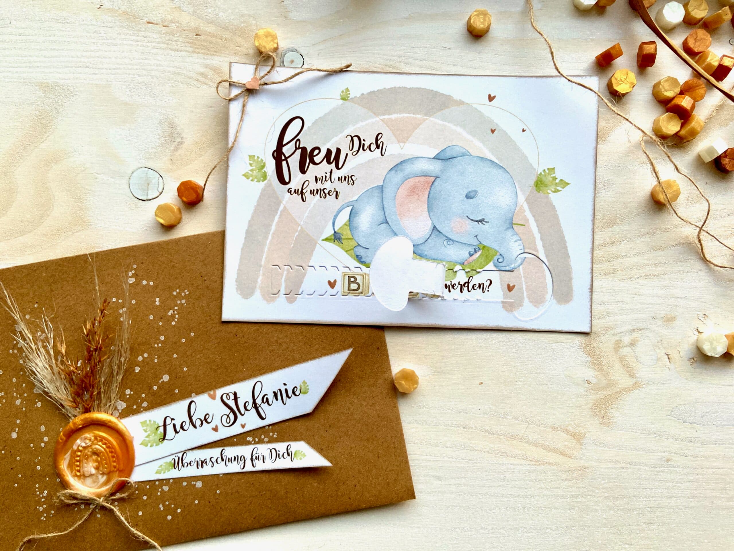 Gotti Götti Frage Karte mit personalisiertem Umschlag, Elefant BABY, im Boho-Stil, Schwangerschaft verkünden 3