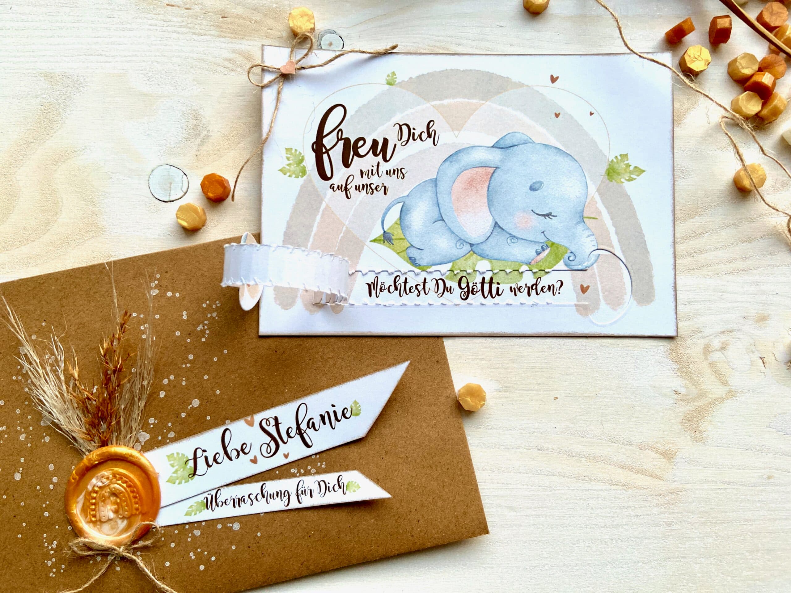 Gotti Götti Frage Karte mit personalisiertem Umschlag, Elefant BABY, im Boho-Stil, Schwangerschaft verkünden von MANNIGFALTIG - Handgemacht in der Schweiz