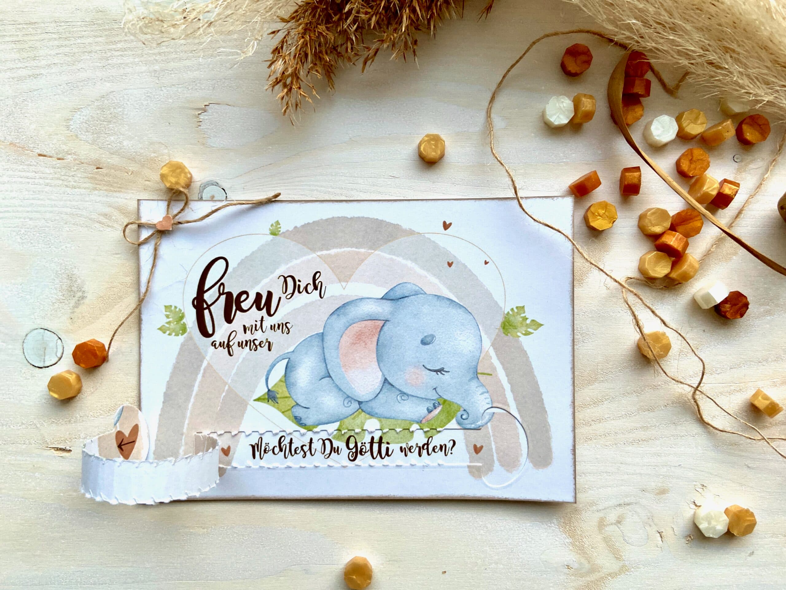 Gotti Götti Frage Karte mit personalisiertem Umschlag, Elefant BABY, im Boho-Stil, Schwangerschaft verkünden 2