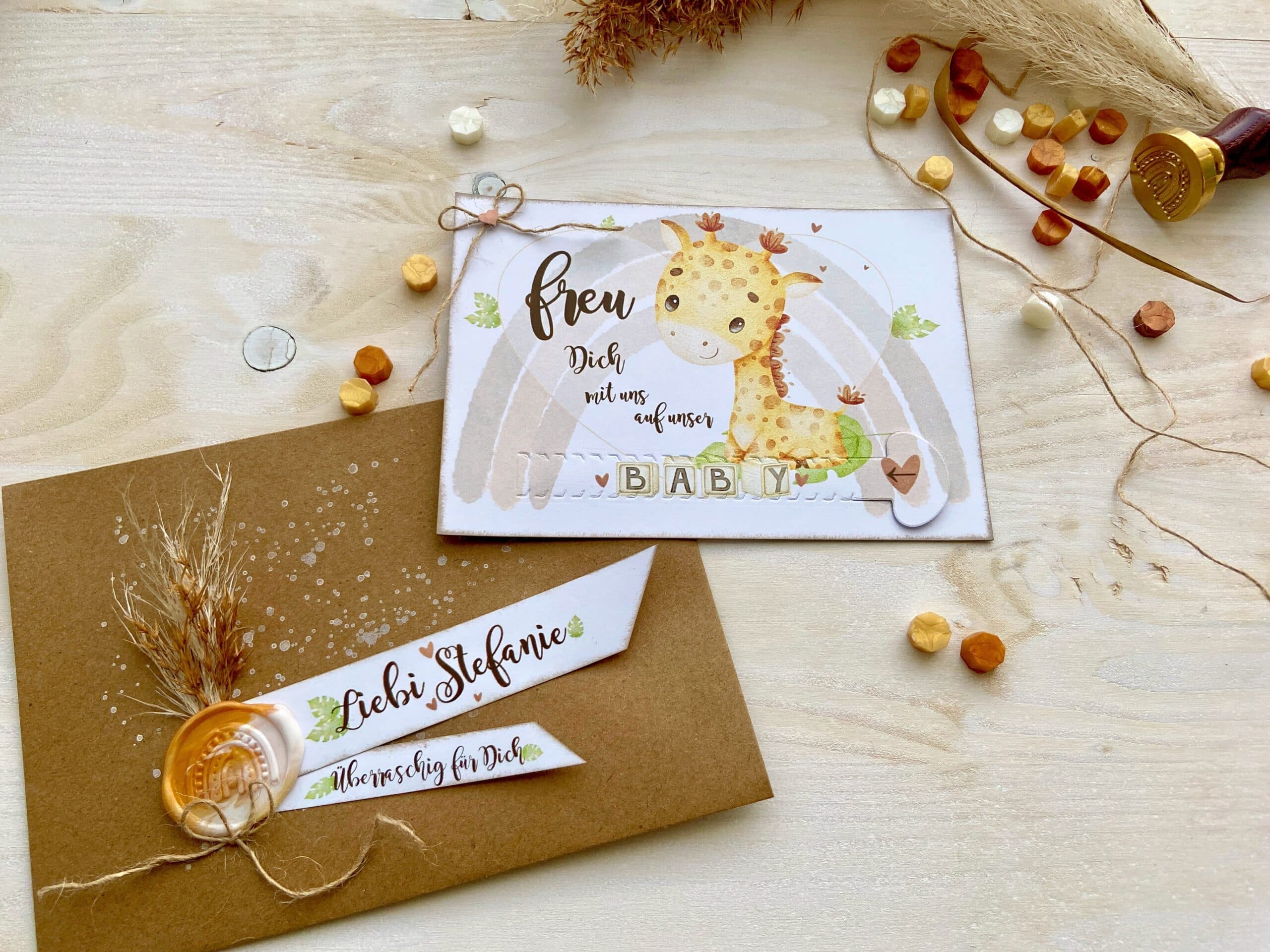 Gotti Götti Frage Karte mit personalisiertem Umschlag, BABY Giraffe, im Boho-Stil, Schwangerschaft verkünden 3