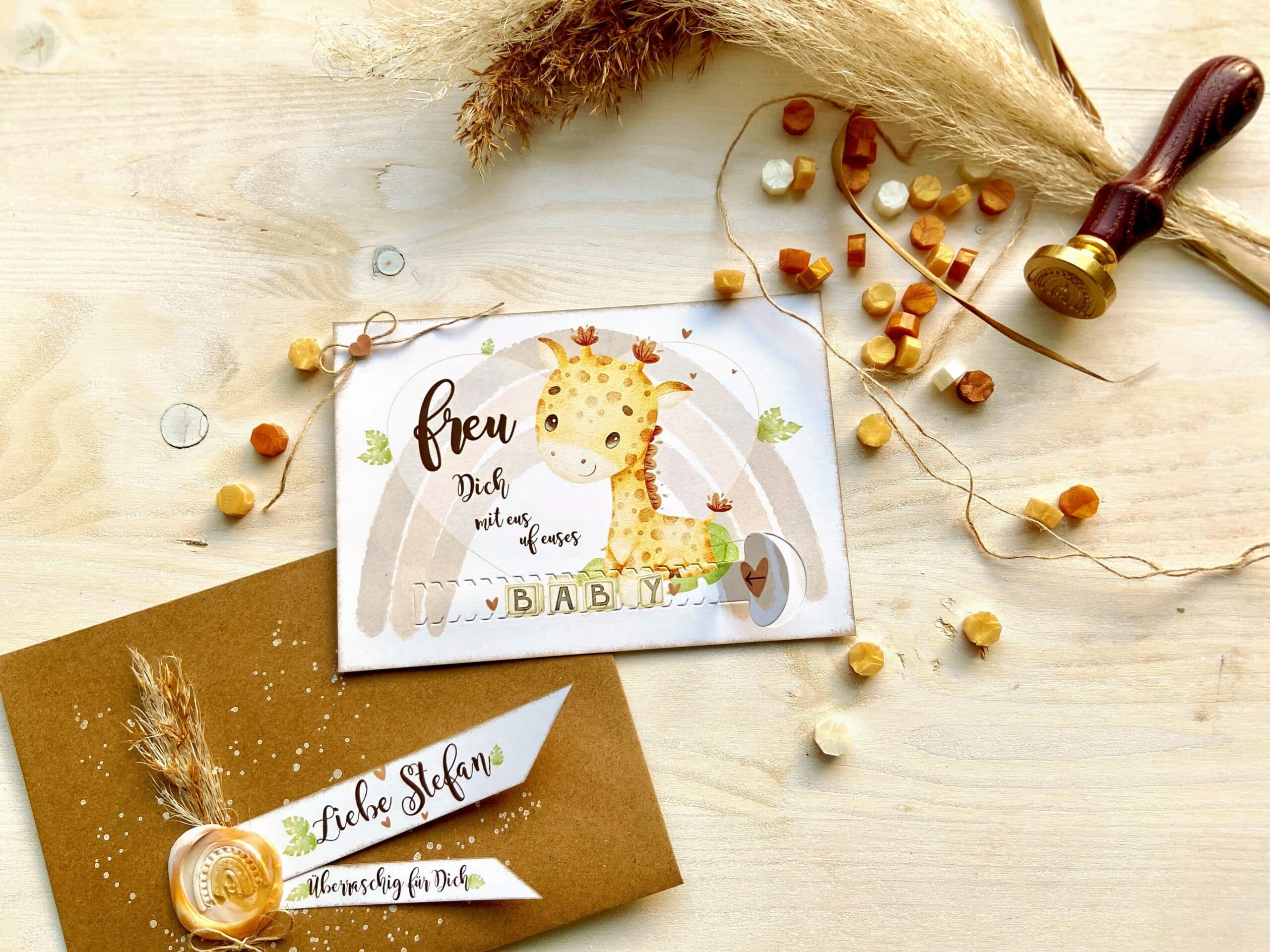 Gotti Götti Frage Karte mit personalisiertem Umschlag, BABY Giraffe, im Boho-Stil, Schwangerschaft verkünden 4