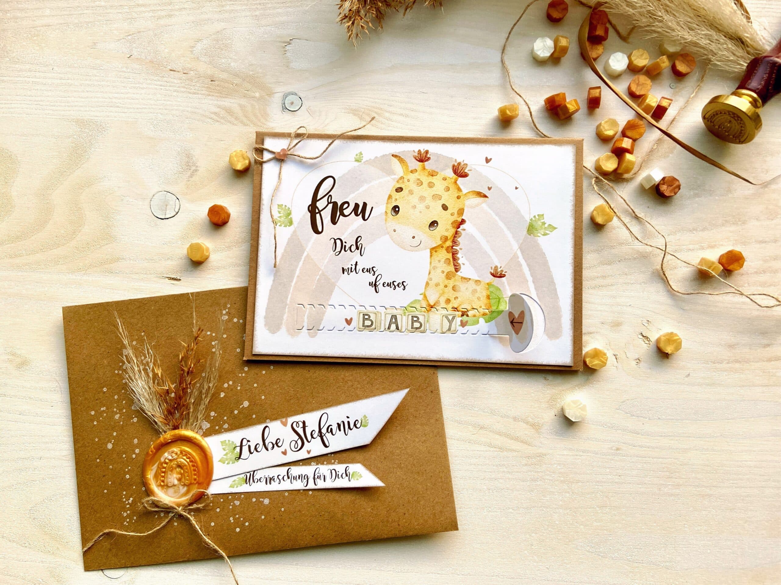 Gotti Götti Frage Karte mit personalisiertem Umschlag, BABY Giraffe, im Boho-Stil, Schwangerschaft verkünden 5