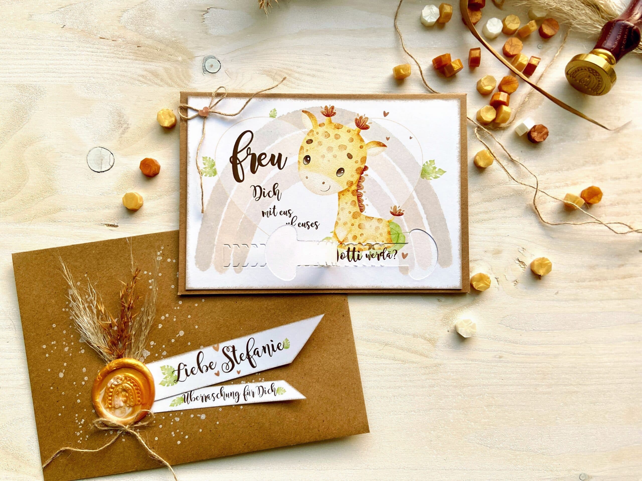 Gotti Götti Frage Karte mit personalisiertem Umschlag, BABY Giraffe, im Boho-Stil, Schwangerschaft verkünden 6