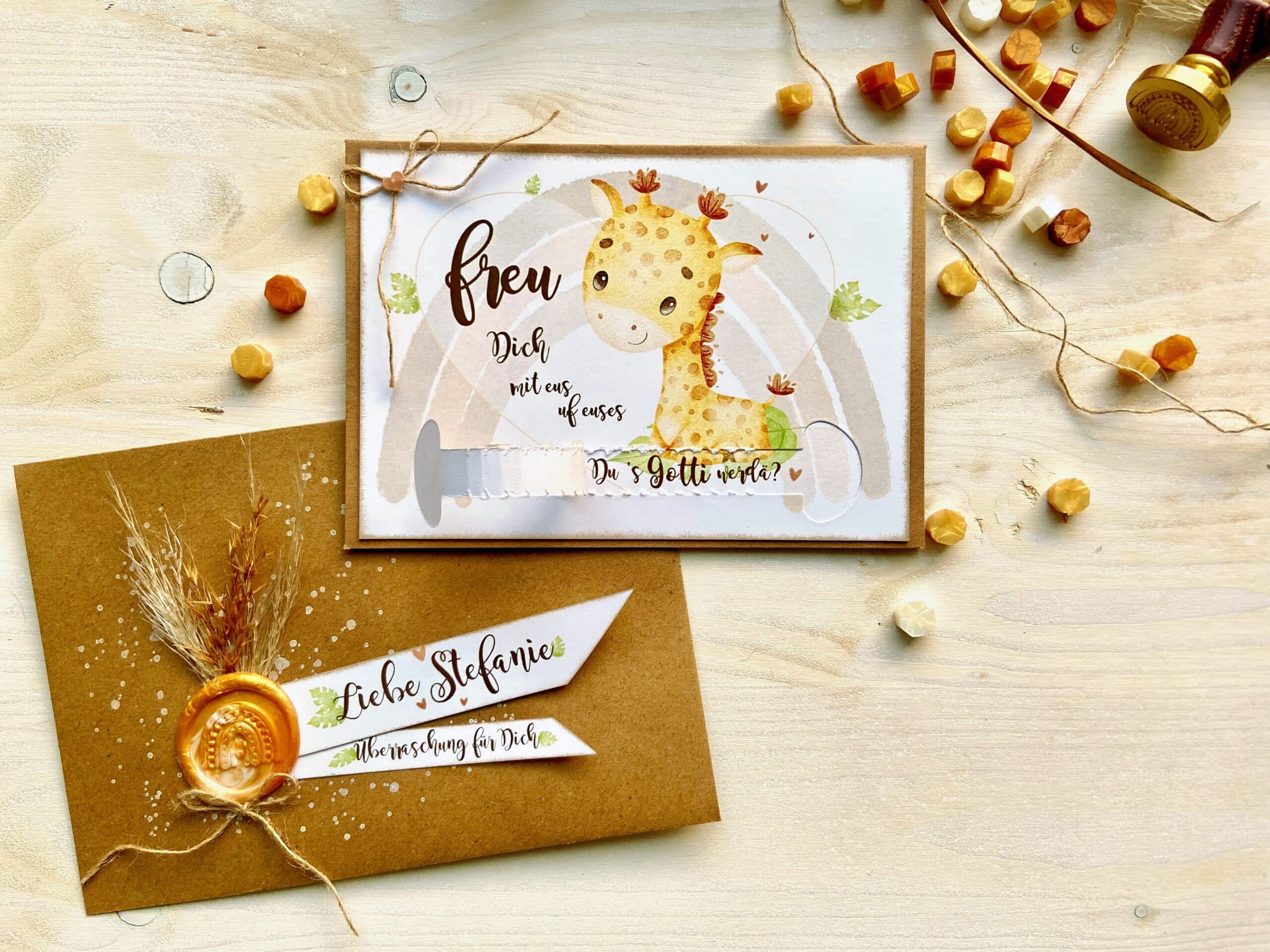 Gotti Götti Frage Karte mit personalisiertem Umschlag, BABY Giraffe, im Boho-Stil, Schwangerschaft verkünden 7