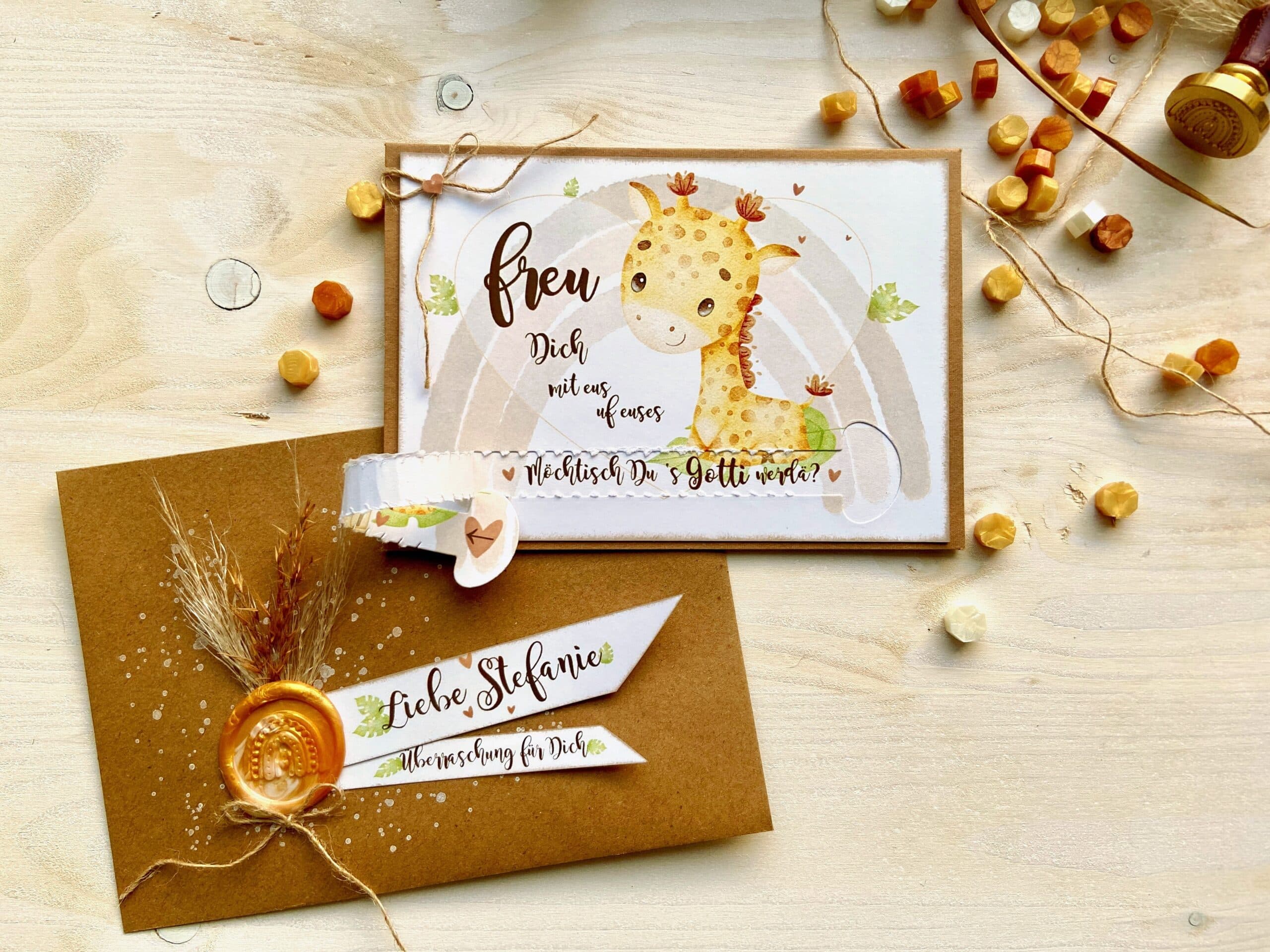 Gotti Götti Frage Karte mit personalisiertem Umschlag, BABY Giraffe, im Boho-Stil, Schwangerschaft verkünden 8