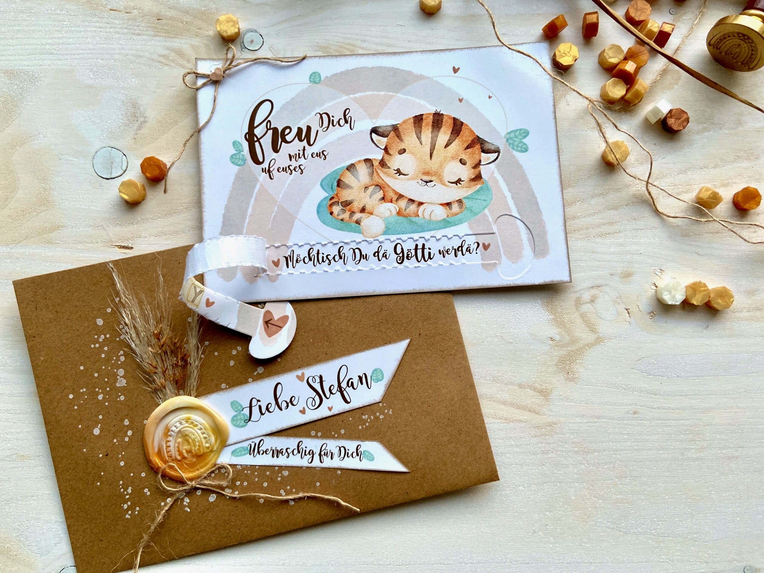 Gotti Götti Frage Karte mit personalisiertem Umschlag, BABY Tiger, im Boho-Stil, Schwangerschaft verkünden von MANNIGFALTIG - Handgemacht in der Schweiz