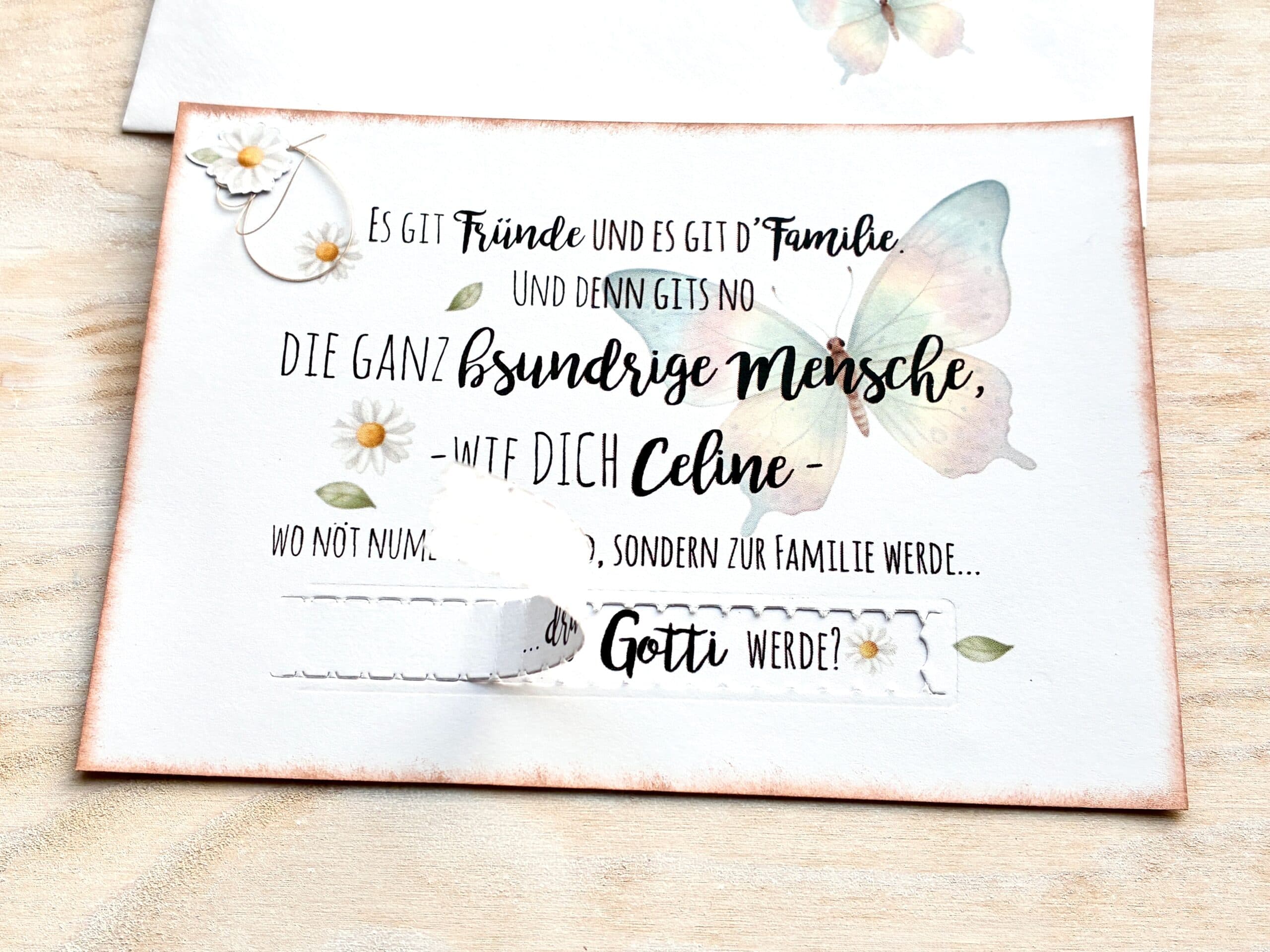Gotti fragen oder Götti fragen Karte Schmetterling | Schwangerschaft verkünden Schweiz | personalisierte Mundart Karte mit Aufreisslasche von MANNIGFALTIG - Handgemacht in der Schweiz