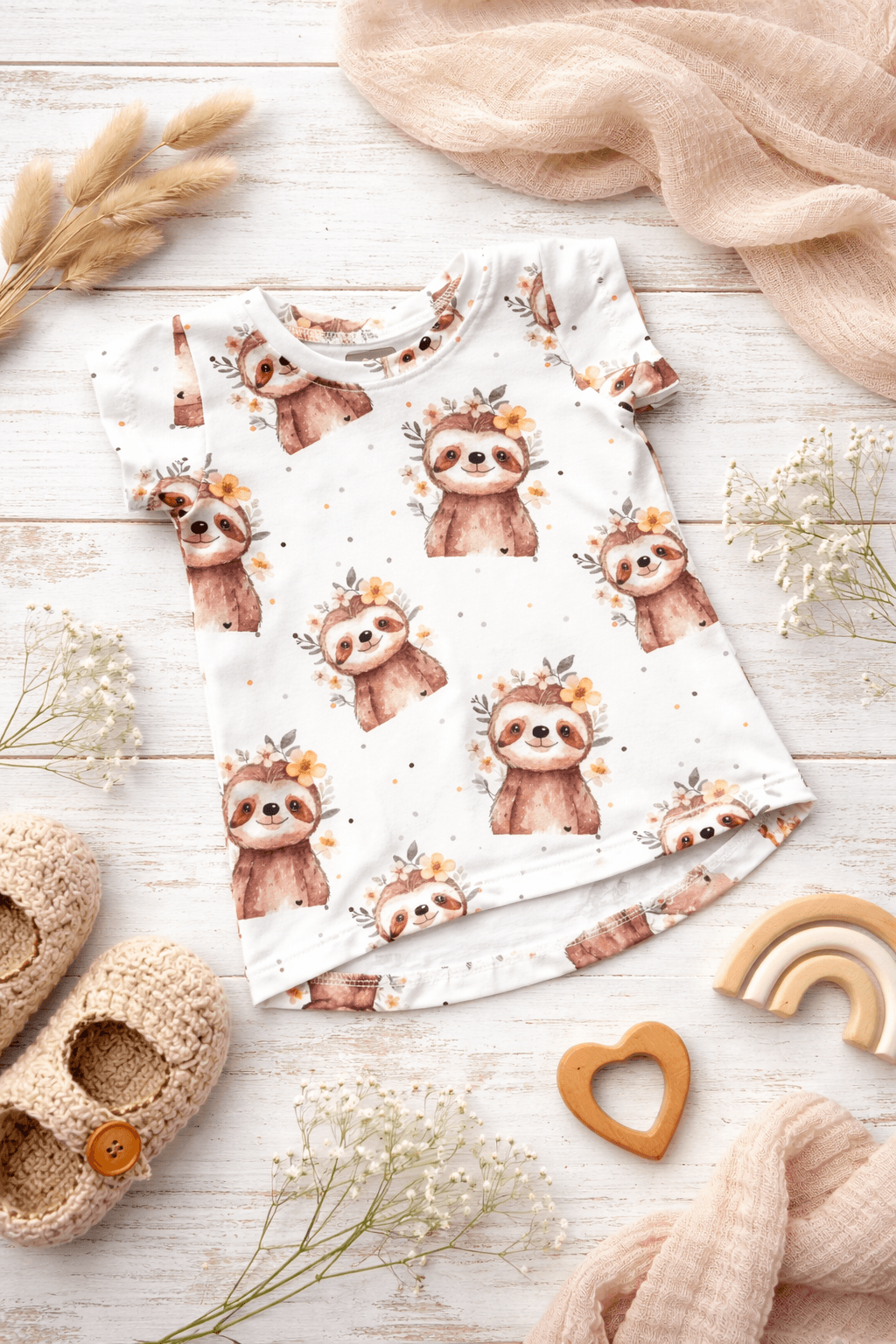 Bio Tshirt Flower sloth gepunktet (Gr. 74/80) von LEOLA KIDS by Andrea Dörig - Handgemacht in der Schweiz