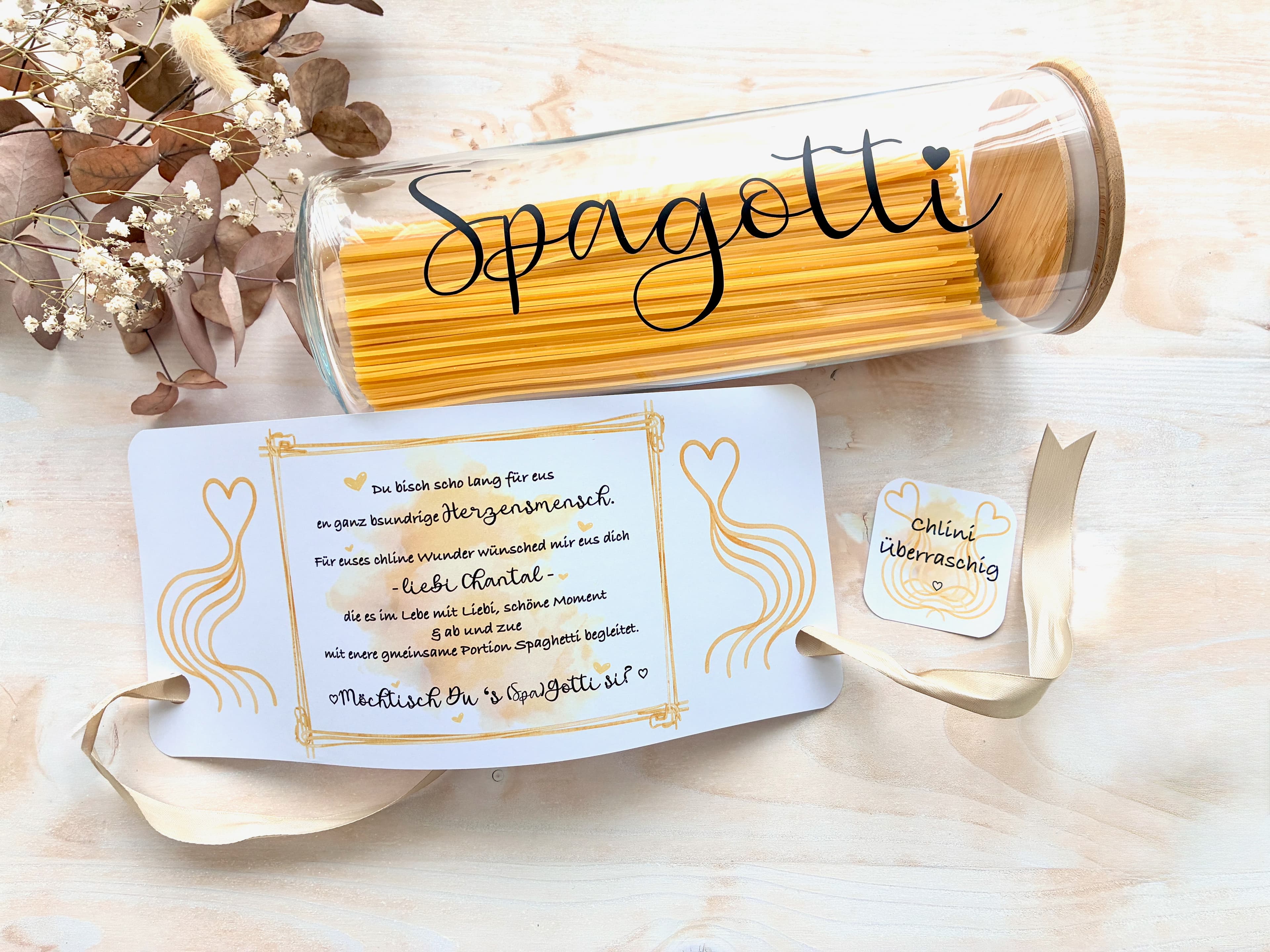 Gotti fragen Ideen von den Eltern | Götti fragen Ideen | Spagotti Spagötti Glas von MANNIGFALTIG - Handgemacht in der Schweiz