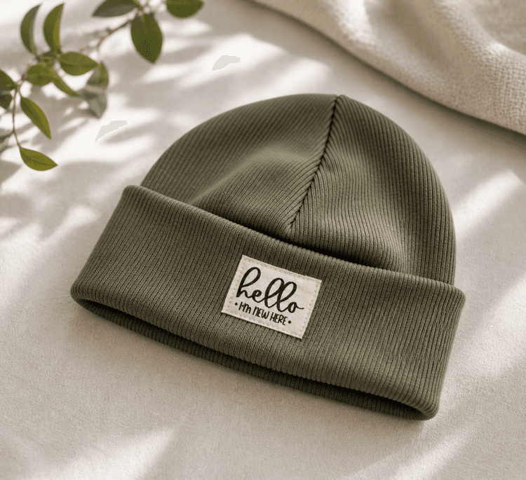 Hipster Beanie "hello i'm new here" dusty olive KU 38-43cm Newborn - 6 Monate von Mis Herz by Scherzinger Baby - Handgemacht in der Schweiz