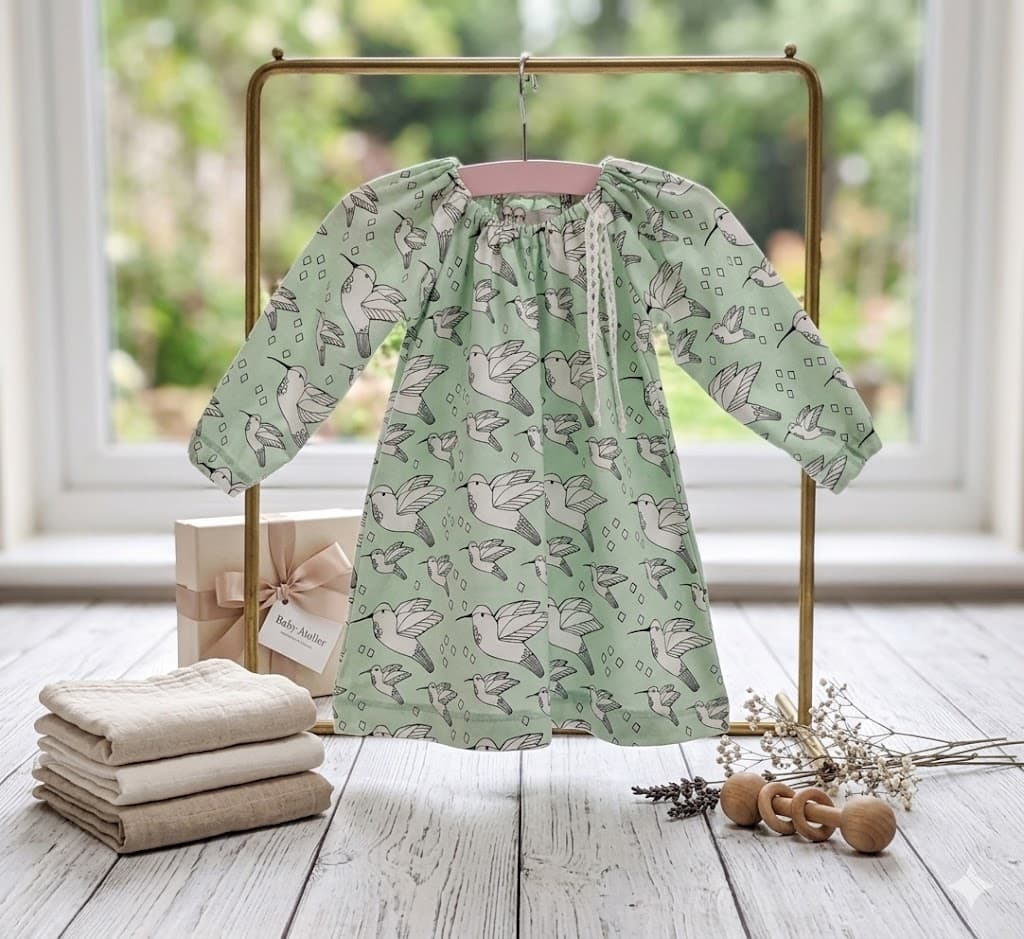 Jersey Kleidchen Kolibris hellmint/weiss 74/80 von Mis Herz by Scherzinger Baby - Handgemacht in der Schweiz